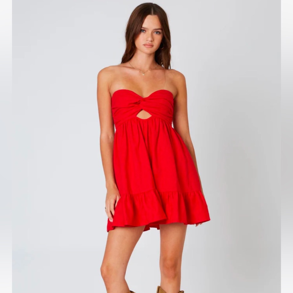 Red Linen romper mini dress
